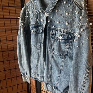 Forever 21 Blue Pearl Studded Jean Jacket